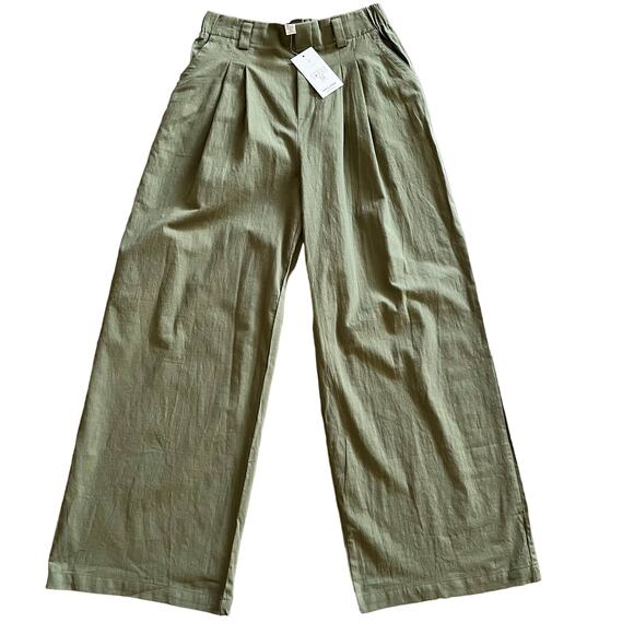 Halara Wide Leg Pants MEDIUM Loden Green Pleated Front 100% Cotton Casual New - Picture 2 of 11